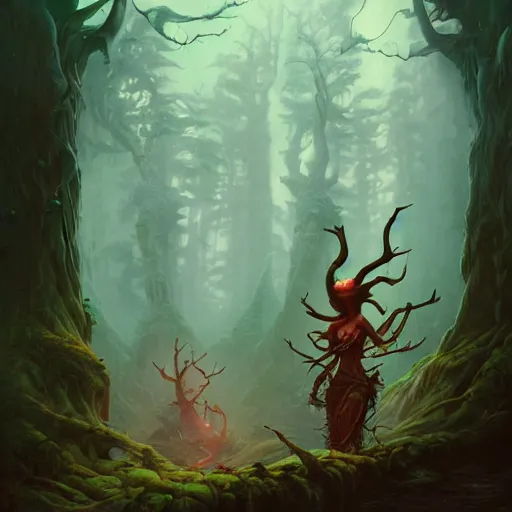 Image similar to detailed painting of menacing dryads in a redwood forest, in the style of peter mohrbacher, james jean, artgerm, dramatic lighting and composition, surreal background, octane render, pixar, trending on artstation, concept art, comic book, 8 k