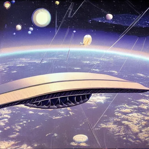 Image similar to megastructure floating in space, highly detailed 1 9 7 0 s scifi art