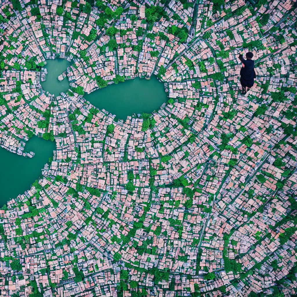 Image similar to pov of a man standing on a flying castle looking down at village in the ground in the style of spirited away