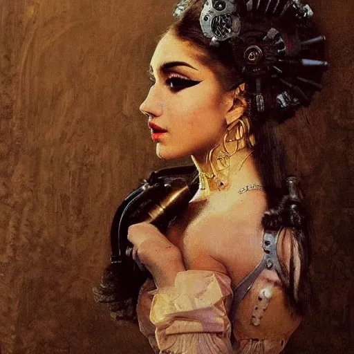 Prompt: Portrait of a steampunk Ariana Grande, elegant, mechanical, broad detail, shadows, vintage shading, by Ilya Repin