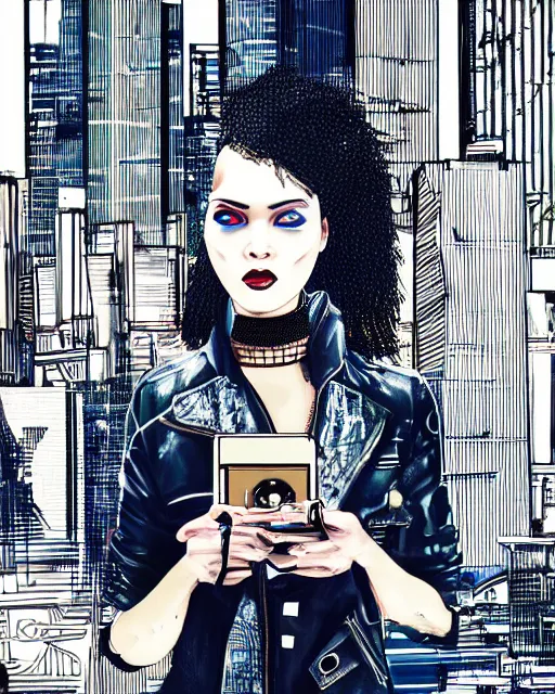 Image similar to cypherpunk fashion illustration, camera face, city street background with high tall buildings, abstract portrait highly detailed, finely detailed