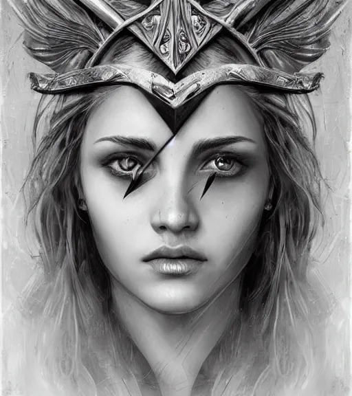 Image similar to beautiful aphrodite goddess wearing an arrow on her head, realistic face, beautiful eyes, black and white drawing, in the style of greg rutkowski, fantasy, amazing detail, epic, intricate, elegant, smooth, sharp focus