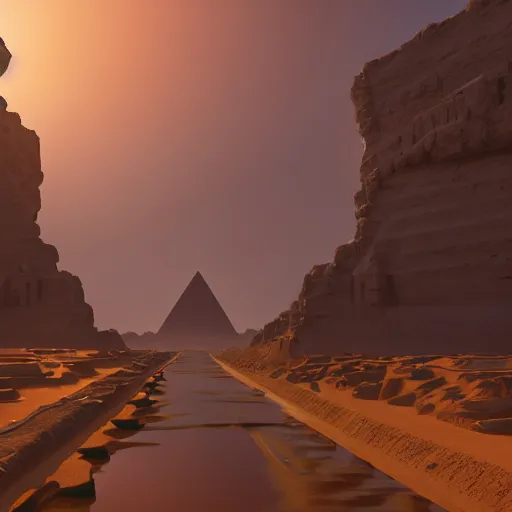 Image similar to ' ancient egypt city road with floating islands near the town, high - tech space cult, dramatic lighting, epic, octane render, volumetric light, unreal engine, artbreeder, 8 k, background, scene, digital, artwork, high quality, 8 k''