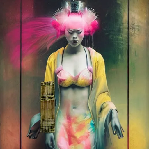 Image similar to a futuristic female geisha warrior in komono by cy Twombly and BASTIEN LECOUFFE DEHARME, pink and yellow, iridescent, volumetric lighting