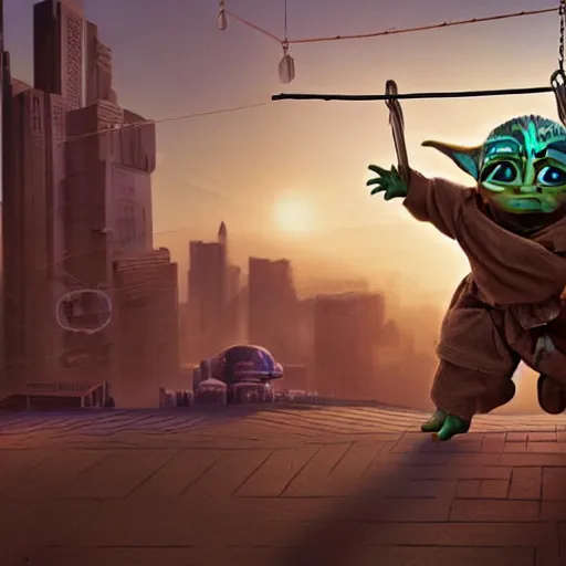 Image similar to masterful digital art, eye - level view, medium - shot, baby yoda is at the busy school playground in a cyberpunk city. baby yoda smiles and plays on a swing set. golden hour. realism, detailed, depth, chiaroscuro, limited color palette. in the background some balloons float in the sky. mandalorian ( tv ).