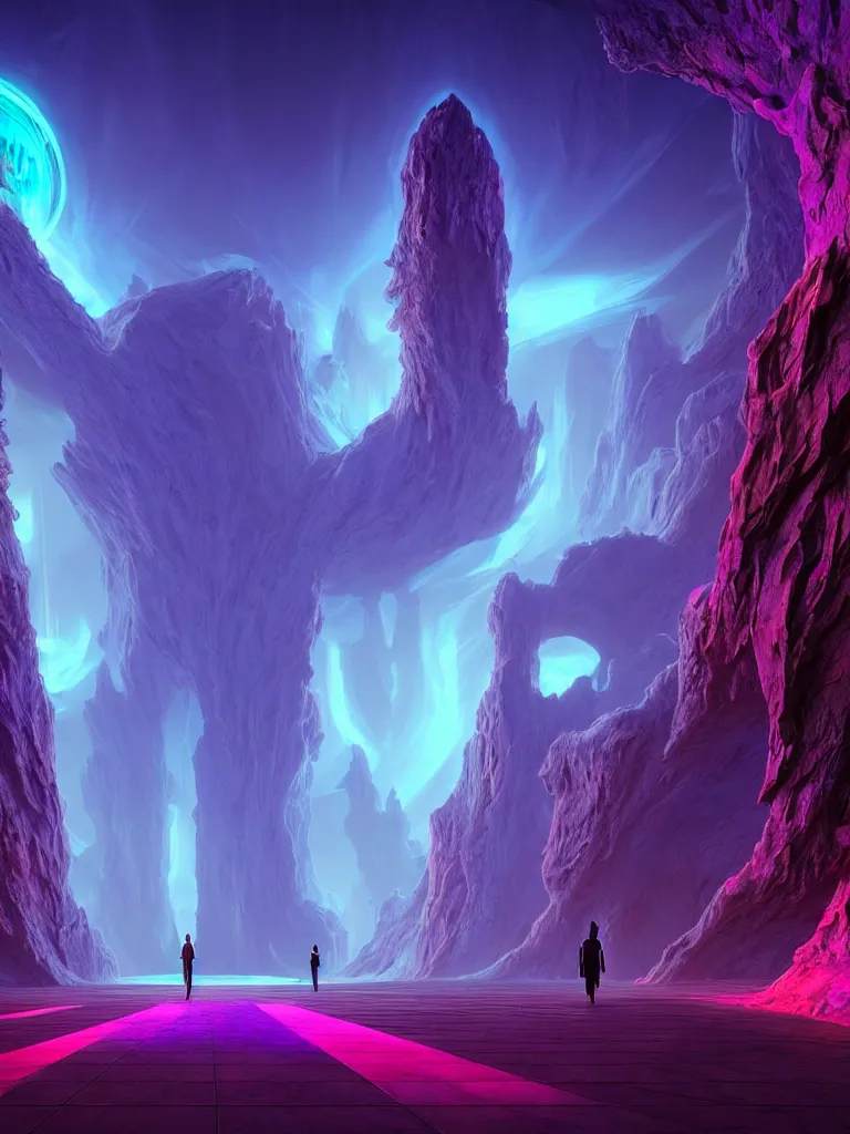 Image similar to entrance to ethereal realm, god waiting, rendered in unreal engine, central composition, symmetrical composition, dreamy colorful cyberpunk colors, 6 point perspective, fantasy landscape with anthropomorphic!!! terrain!!! in the styles of igor morski, jim warren, and rob gonsalves, intricate, hyperrealistic, volumetric lighting, neon ambiance, distinct horizon