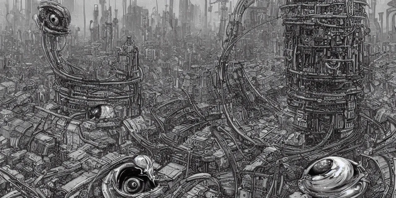 Prompt: hyper detailed comic illustration of a giant fleshy bio-mechanical machine tower with one eyeball at the top, overlooking a dystopian wasteland