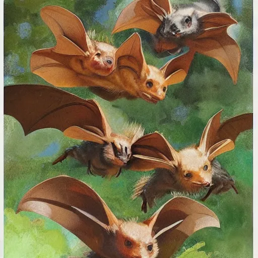 Prompt: a highly detailed beautiful portrait of newly evolved terrestrial bats, speculative evolution, english countryside, by gregory manchess, james gurney, james jean