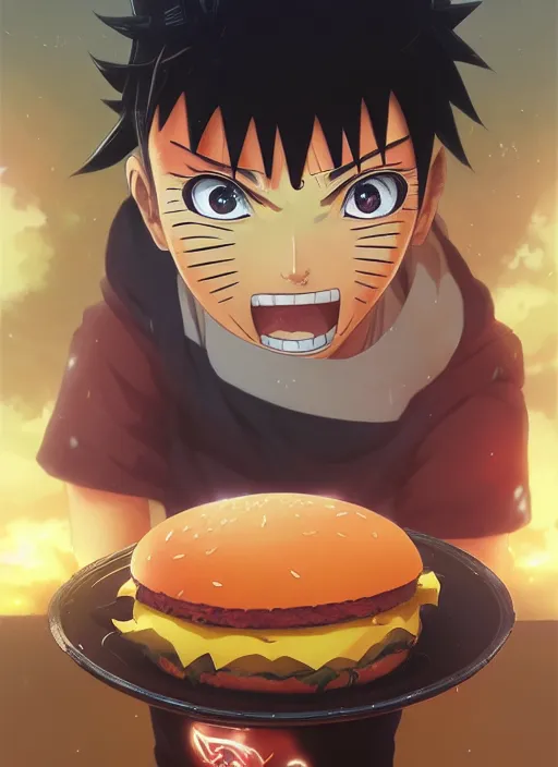 Image similar to highly detailed hamburger consuming naruto uzumaki with black hair, art by greg rutkowski, loish, rhads, ferdinand knab, makoto shinkai and lois van baarle, ilya kuvshinov, rossdraws, tom bagshaw, global illumination, radiant light, detailed and intricate environment