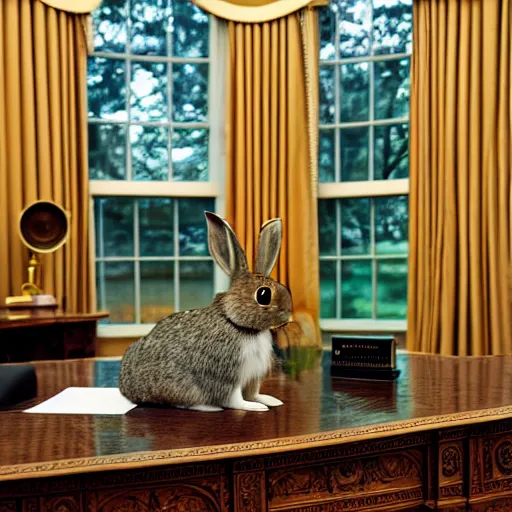 Prompt: a rabbit sitting in the oval office, HD photography
