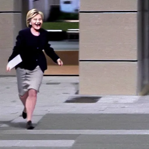 Image similar to large hillary clinton chasing after envelopes running away in fear, cctv footage