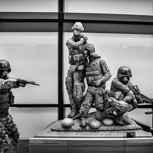 Prompt: the special forces pointing a real sized peanut statue, security camera, black and white, detailed, realistic, 4k