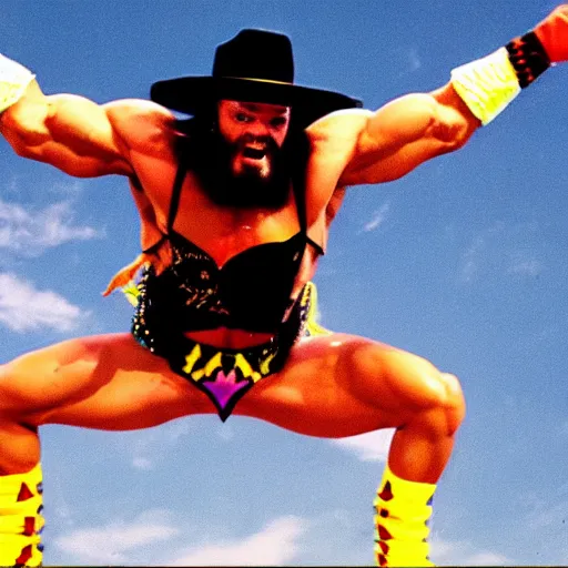 Image similar to Macho Man Randy Savage performing elbow drop from extreme height. Extreme wide angle!! very low perspective! High Quality, 4k