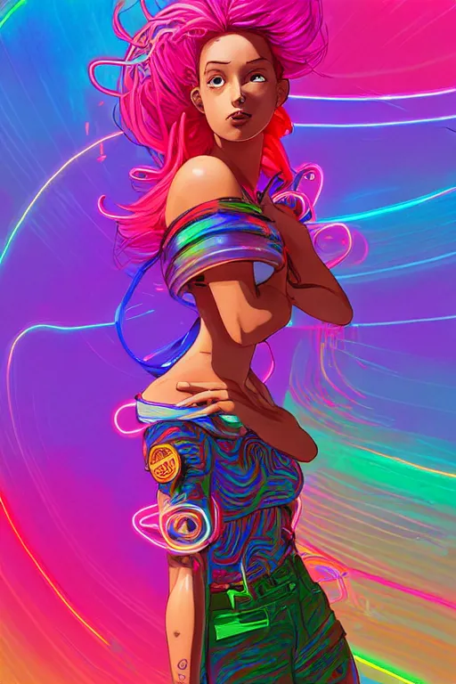 Image similar to a award winning full body portrait of a beautiful woman with stunning eyes in a one off shoulder croptop and cargo pants with rainbow colored hair, outlined by whirling illuminated neon lines and fine lines swirling in circles by jesper ejsing and rhads and makoto and shinkai and lois van baarle, digital art, trending on artstation