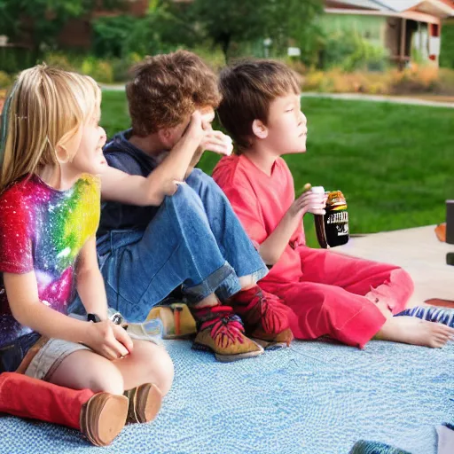 Prompt: kids sitting on a porch drinking root beer while looking at their lawn 8k in the background is a colorful galaxy in the sky