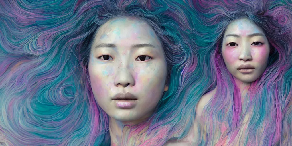 Prompt: a portrait of a very beautiful young asian goddess with pink and grey hair radiating an artwork made of swirling paint and impasto, sleepy eyes by wlop and monia merlo and fintan magee, background is multicoloured volumetric displacement, hyperrealism, subsurface scattering, arnold render, noise to volume, 8 k, houdini, xparticles