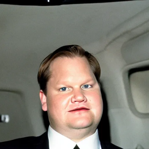 Prompt: 1 9 9 8 andy richter wearing a black wool coat and necktie in his car driving through the streets of chicago at night.