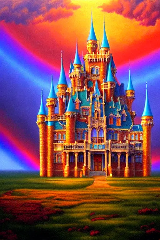 Image similar to a hyperrealistic painting of an epic ornate rainbow castle in the clouds at sunset, cinematic horror by chris cunningham, lisa frank, richard corben, highly detailed, vivid color,