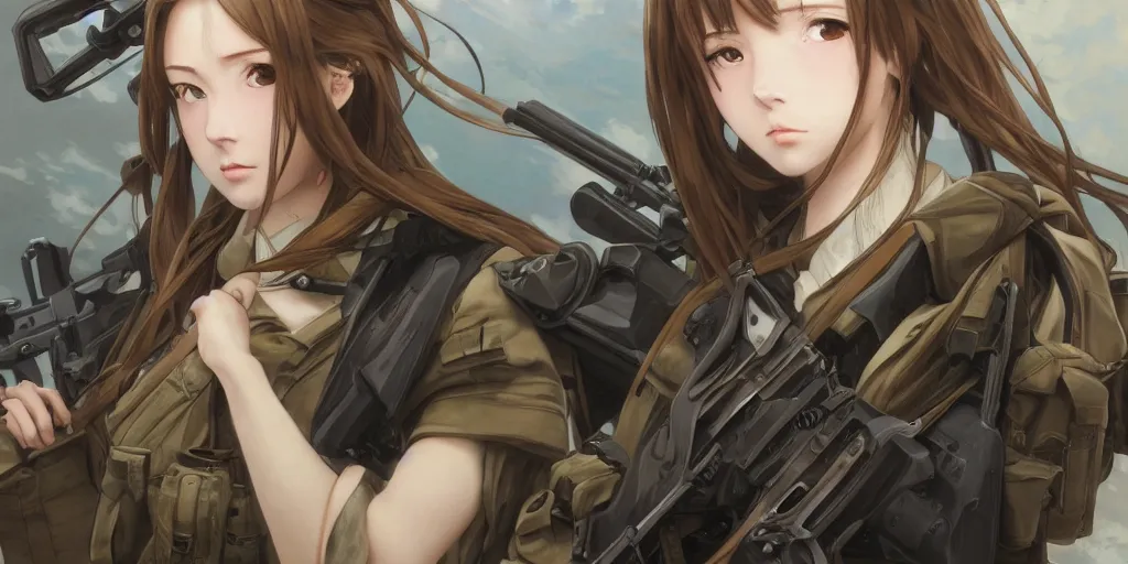 Image similar to infantry girl, anime style, long hair, hair down, symmetrical facial features, from girls frontline, hyper realistic, pale skin, 4 k, rule of thirds, extreme detail, detailed drawing, trending artstation, hd, special forces, d & d, by alphonse mucha, greg rutkowski, sharp focus, backlit