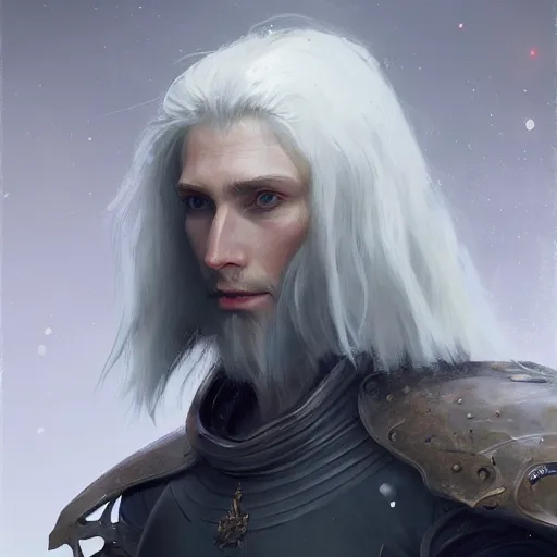 Prompt: character design, portrait of a attractive male with pale skin, long white hair and proeminent cheekbones, medieval, dark armor, painting by wlop, nixeu and greg rutkowski, beautiful, semirealism, artstation, octane render, sharpness, 8 k, golden ratio