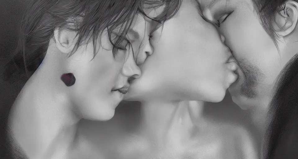 Image similar to xray medical photos of couples kissing each other, octane render, concept art, realistic, high details, art by hsiao - ron cheng and james jean highly detailed, intricate detail, unreal engine, octane render