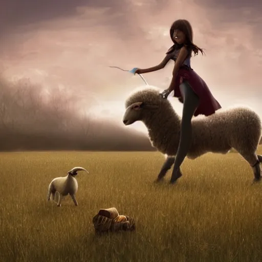 Image similar to girl riding a giant sheep in a field, trending on artstation