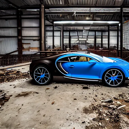 Image similar to an abandoned, derelict, rusty bugatti chiron in a dirty warehouse