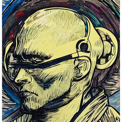 Image similar to Illustrated by Shepard Fairey and Greg Rutkpwski | Cyberpunk Van Gogh with VR helmet, surrounded by cables