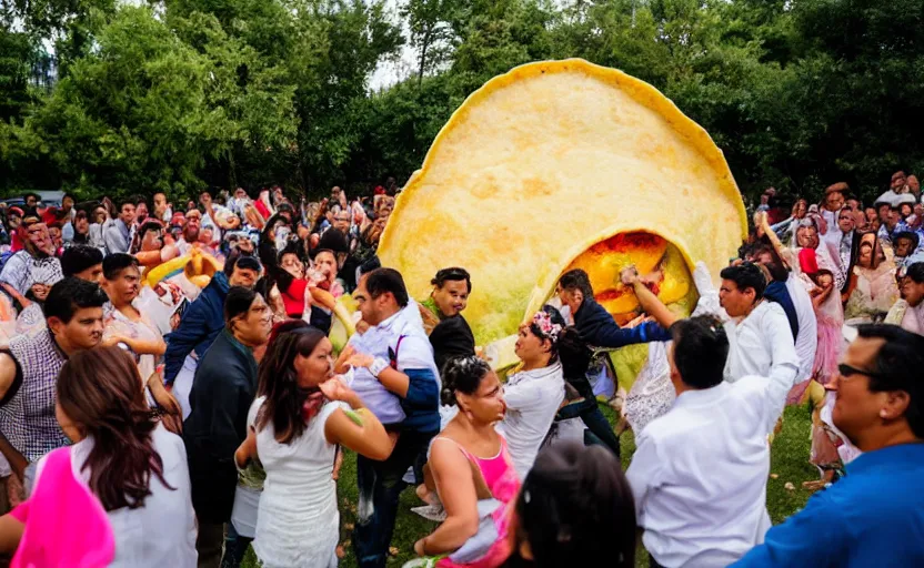 Image similar to a crowd of mexicans dancing around a giant Taco in a wedding,