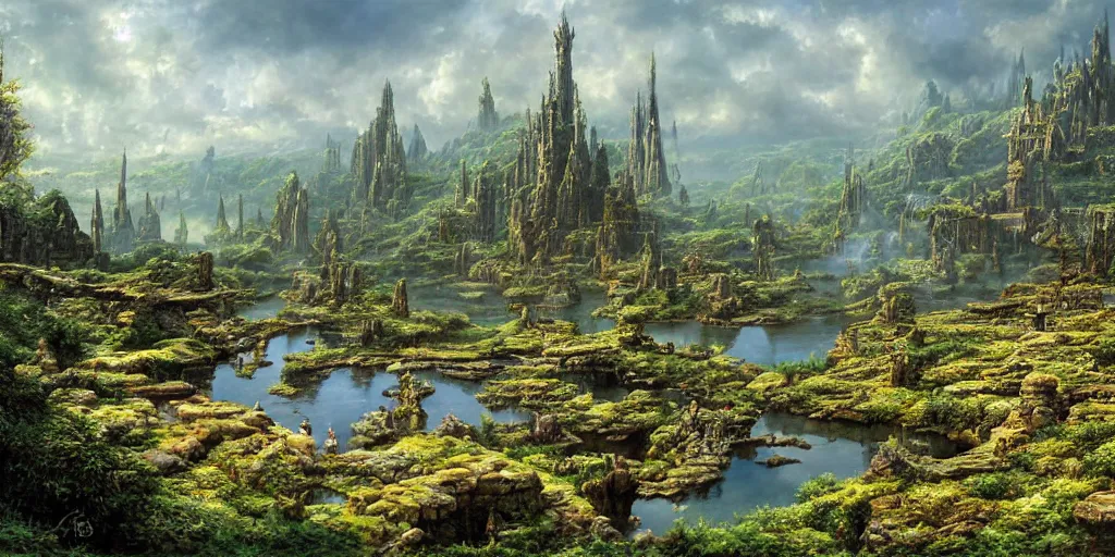 Image similar to Fantastical open landscape by Ted Nasmith, elven city, city, city, pools of magical water, digital painting, concept art, landscape