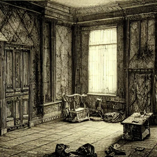 Image similar to living room of an abandonded house, illustration by Gustav Doré