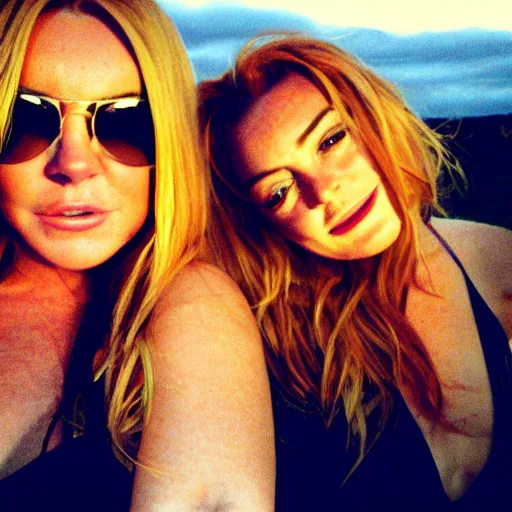 Image similar to Selfie photograph of Lindsay Lohan and Lindsay Lohan, golden hour, 8k,