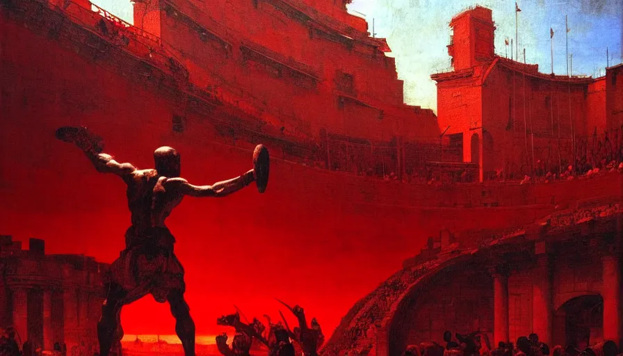 Image similar to only with red, a lightly armored gladiator in a crowded roman amphitheatre, crowd cheering, in the style of beksinski and edward hopper and rodcenko and yue minjun and artgerm, intricate and epic composition, red by caravaggio, highly detailed, masterpiece, red light, artstation, art nouveau