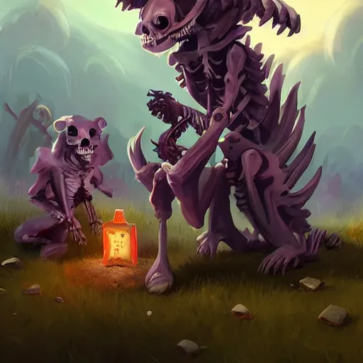 Image similar to cute skeleton animal creatures. hearthstone animal creatures, graveyard background, bright art masterpiece artstation. 8k, sharp high quality artwork in style of Jose Daniel Cabrera Pena and Greg Rutkowski, violet theme, concept art by Tooth Wu, hearthstone card game artwork