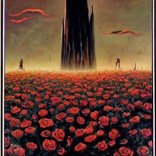 Image similar to the dark tower in a field of roses, surrealism, cosmic western, masterpiece oil painting, science fiction movie poster, 1 9 7 5