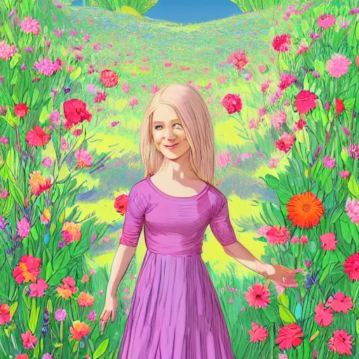 Prompt: A illustration of a young girl with blonde hair, blue eyes, and a pink dress. She is standing in a meadow with flowers and trees. anaglyph effect by Margaret Modlin, by Joe Fenton, by Noah Bradley elaborate