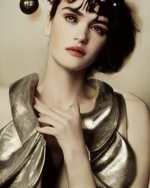 Image similar to beautiful young winona ryder wearing a futuristic metal kimono, half body portrait, greg kutkowski, sharp details, soft lighting, subsurface scattering, pearls of sweat, glistening skin, warm lighting