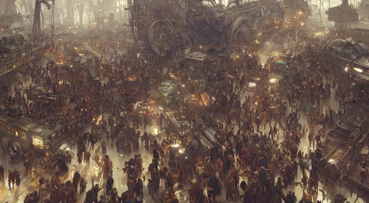 Prompt: subway mayhem as people rush to get on the steam train, highly detailed, digital painting, artstation, concept art, smooth, sharp focus, steampunk illustration, art by greg rutkowski and alphonse mucha