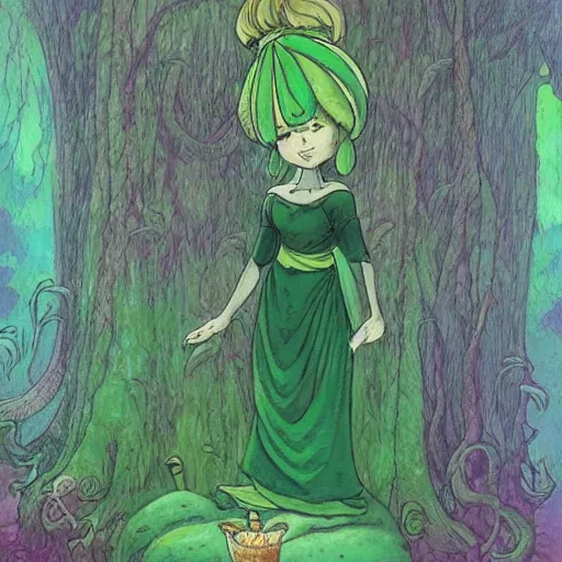 Image similar to a green genie ready to grant wishes deep in the forest, fantasy illustration, Miyazaki