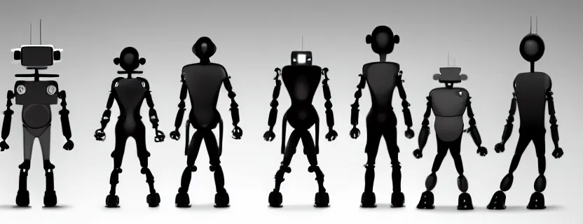 Image similar to an evolution diagram from left to right of robots, 8 k, hyper realistic. the left side robots are shorter, led lights, dancing