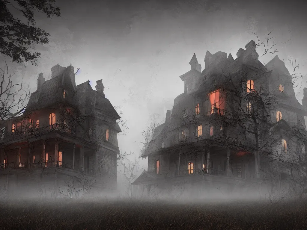 Image similar to house on the haunted hill, horror, creepy, surreal, dreamscape, high quality, ultradetailed, sharp, artstation, 8 k, volumetric fog