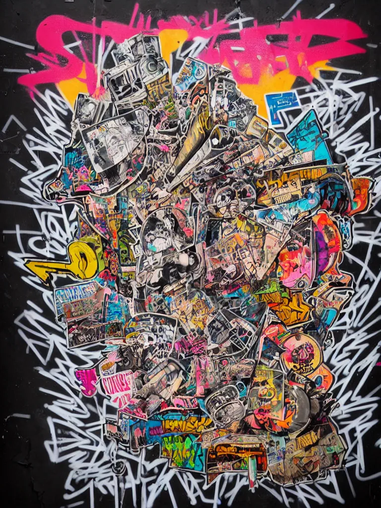 Prompt: a multilayered mixed media street art on paper bursting with nostalgic pop culture and hip - hop references, punk and graffiti symbols and tattoo designs, sharp details and in focus, high resolution, flat evenly lit background, art by stikki peaches, 8 k