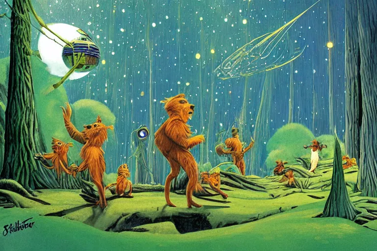 Prompt: endor in the style of dr. seuss, starships, painting by brothers hildebrandt