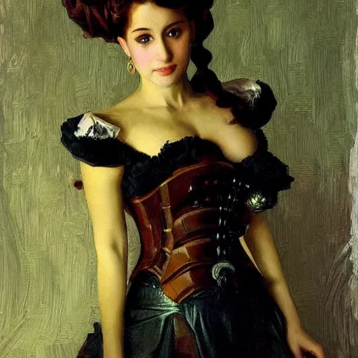 Image similar to Portrait of a steampunk Ariana Grande, elegant, mechanical, broad detail, shadows, vintage shading, by Ilya Repin