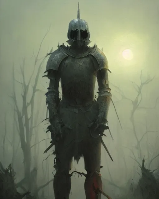 Image similar to Hyper realistic oil painting of an undead knight, knight in the foreground, fog, volumetric lighting, nighttime, moonlight, creepy, by greg rutkowski