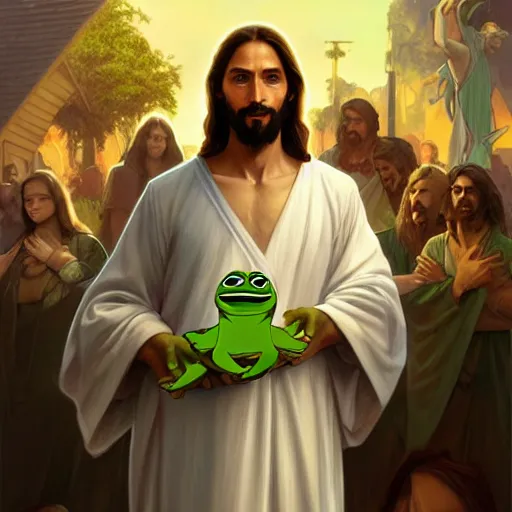 Image similar to jesus holds a pepe frog character, highly detailed, digital painting, artstation, concept art, wallpaper, smooth, sharp focus, illustration, art by and artgerm and greg rutkowski and alphonse mucha