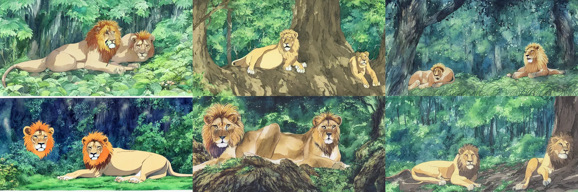 Prompt: watercolor painting of a majestic lion resting near the canopy forest, by Studio Ghibli