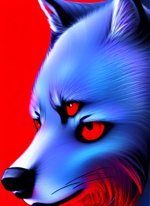 Image similar to blue wolf, red eyes highly detailed, deep focus, digital painting, smooth, sharp focus, anime art style, trending on artstation, 4 k