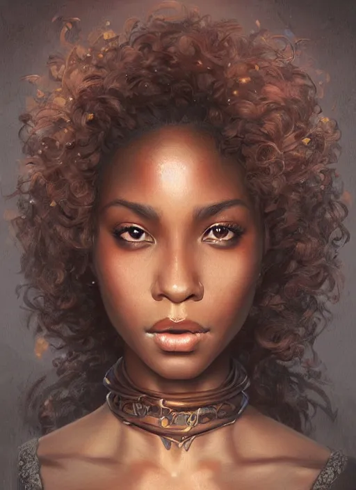 Image similar to portrait of a stunningly beautiful young black woman, highly detailed, digital painting, artstation, concept art, sharp focus, illustration, art by artgerm and greg rutkowski and alphonse mucha, incredibly beautiful and symmetrical face, incredibly detailed, award winning art, royal