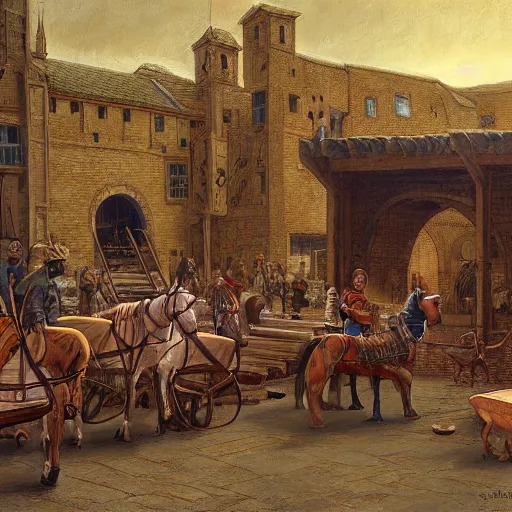 Prompt: a medieval horse market, by john howe